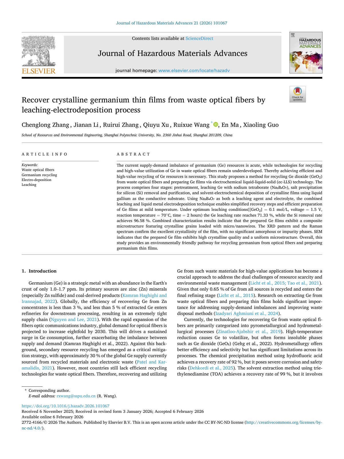 First page of Recover crystalline germanium thin films from waste 2026 Journal of Hazardou