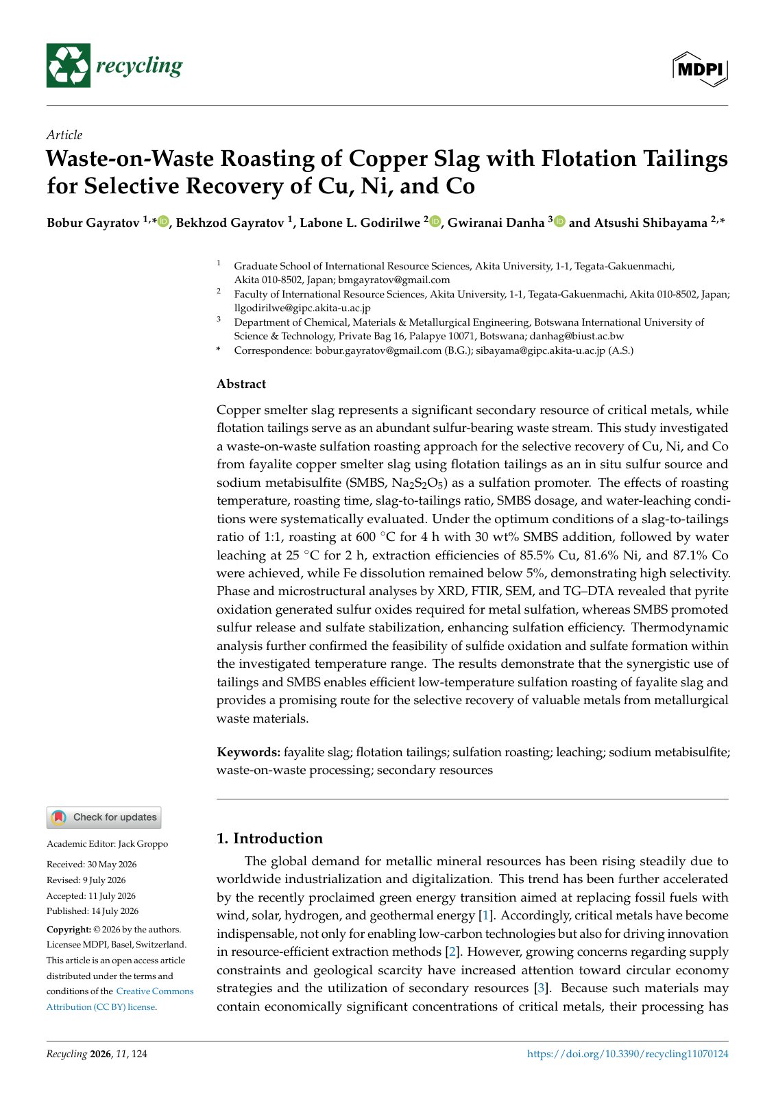 First page of Waste-on-Waste Roasting of Copper Slag with Flotation Tailings for Selective Recovery of Cu, Ni, and Co