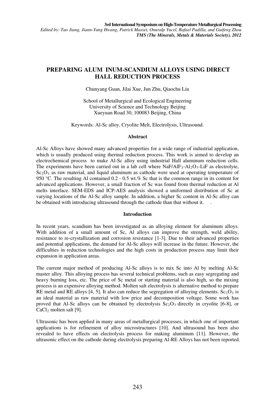 First page of PREPARING ALUM INUM-SCANDIUM ALLOYS USING DIRECT HALL REDUCTION PROCESS
