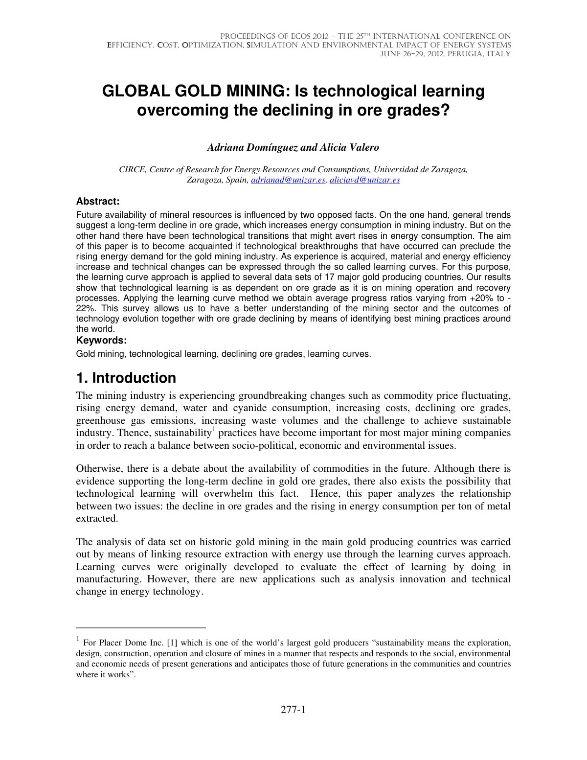 First page of GLOBAL GOLD MINING: Is technological learning overcoming the declining in ore grades?