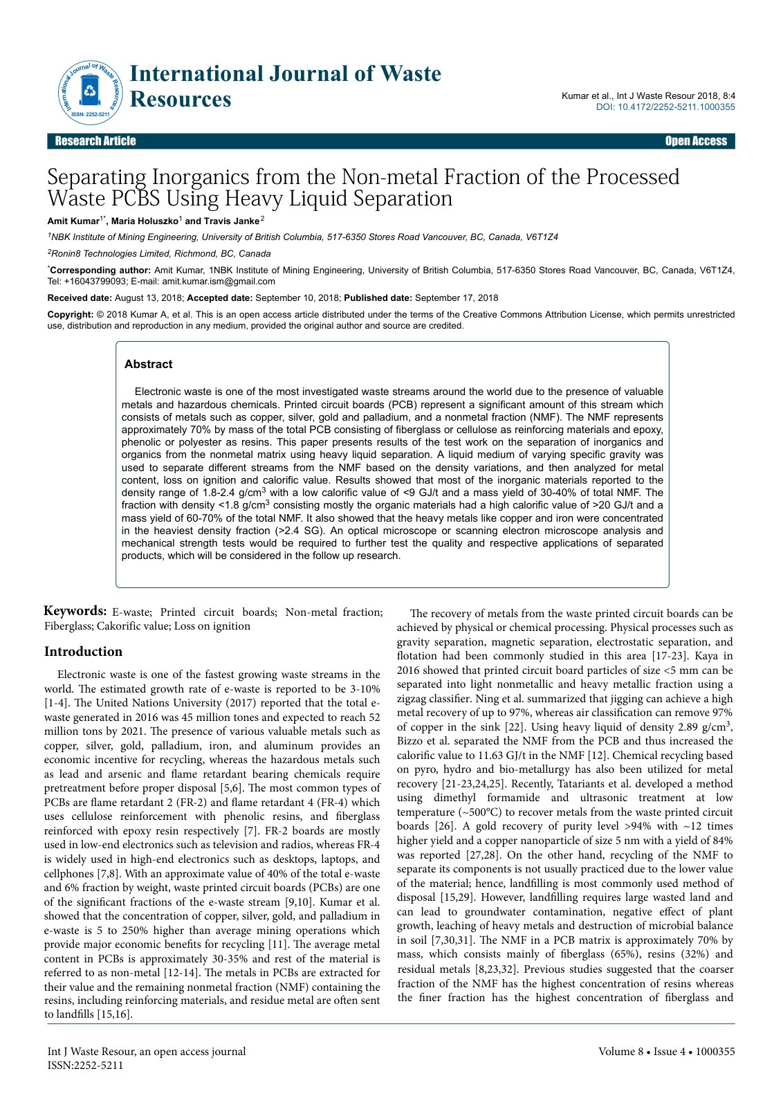 First page of Separating Inorganics from the Non metal