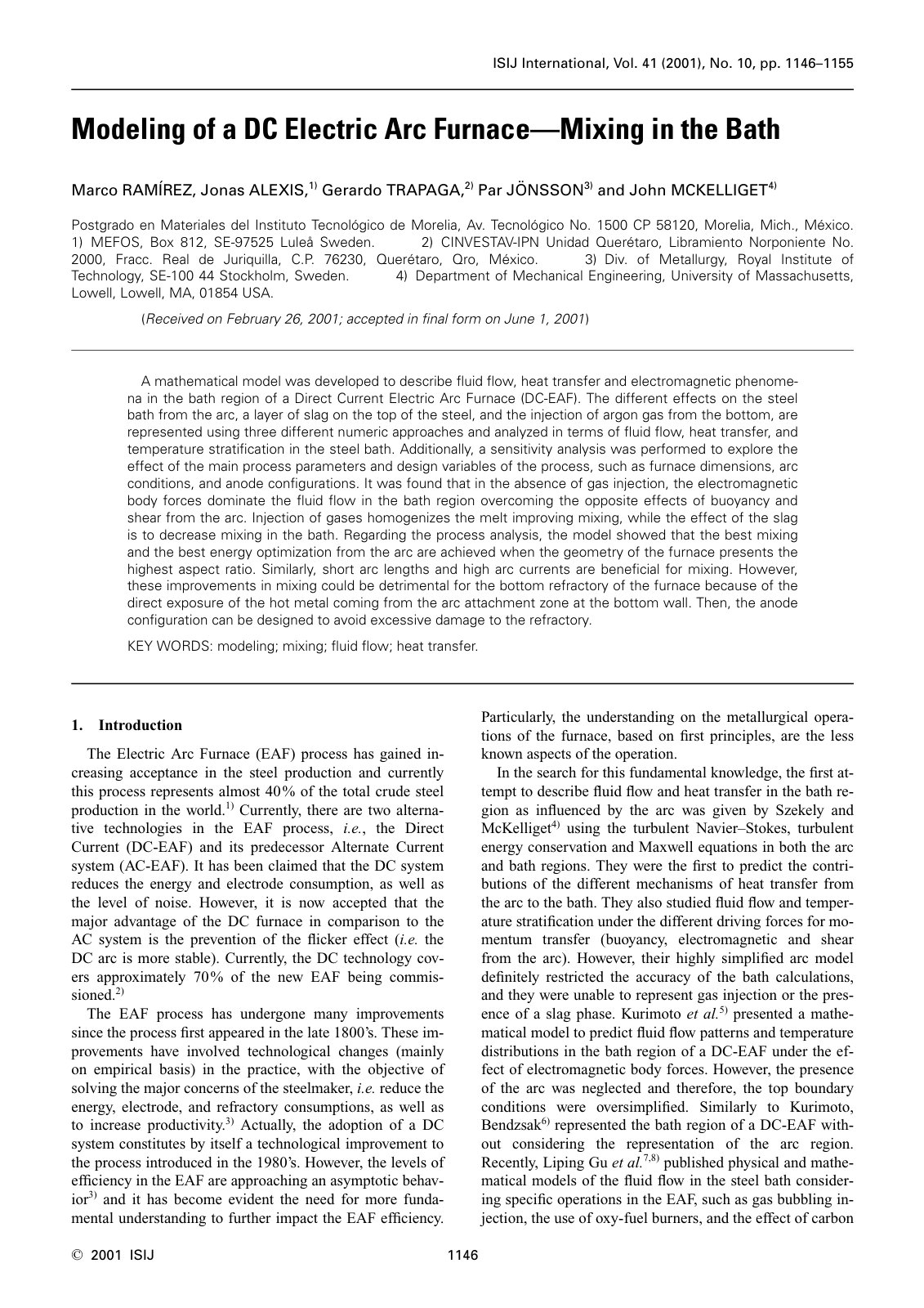 First page of 2001 Marco A. Ramirez Argaez Mathematical Modeling of Iron and Steel Making Processes. Modeling of a DC Electric Arc Furnace. Mixing i isijinternational.41.1146