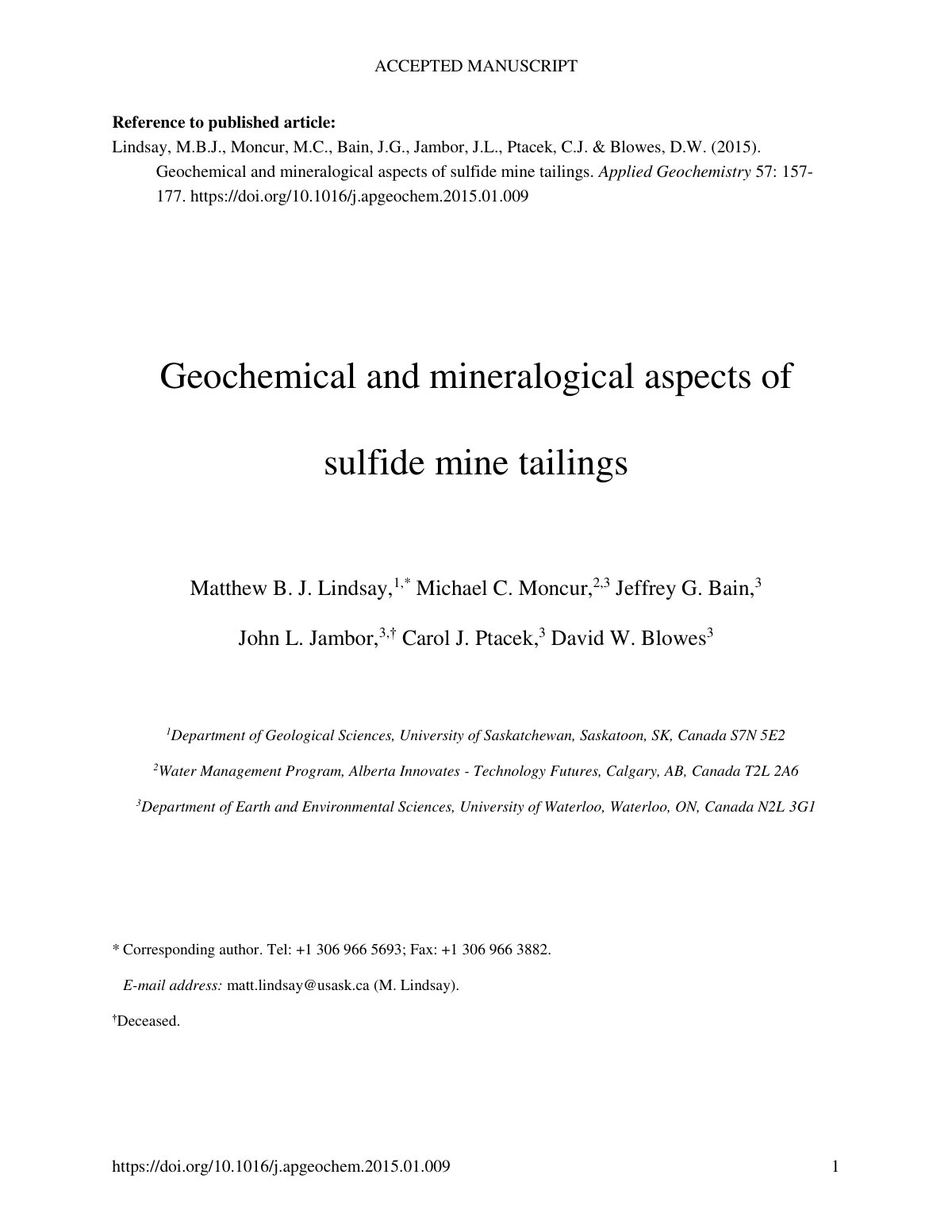 First page of Geochemical and mineralogical aspects of sulfide mine tailings