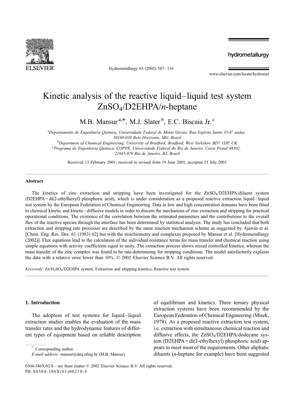 First page of Kinetic analysis of the reactive liquid–liquid test system ZnSO4/D2EHPA/n-heptane