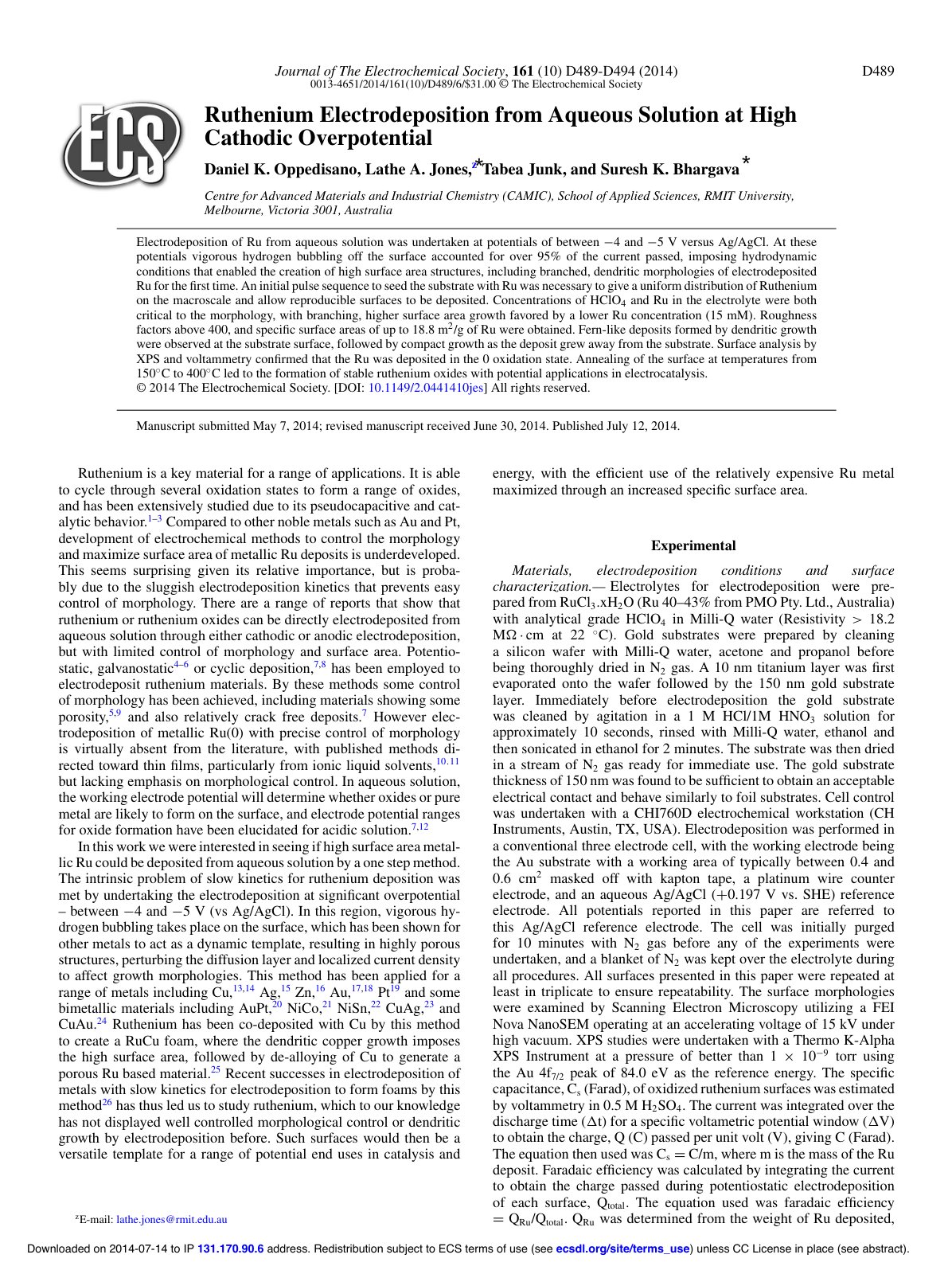 First page of Ruthenium Electrodeposition from Aqueous