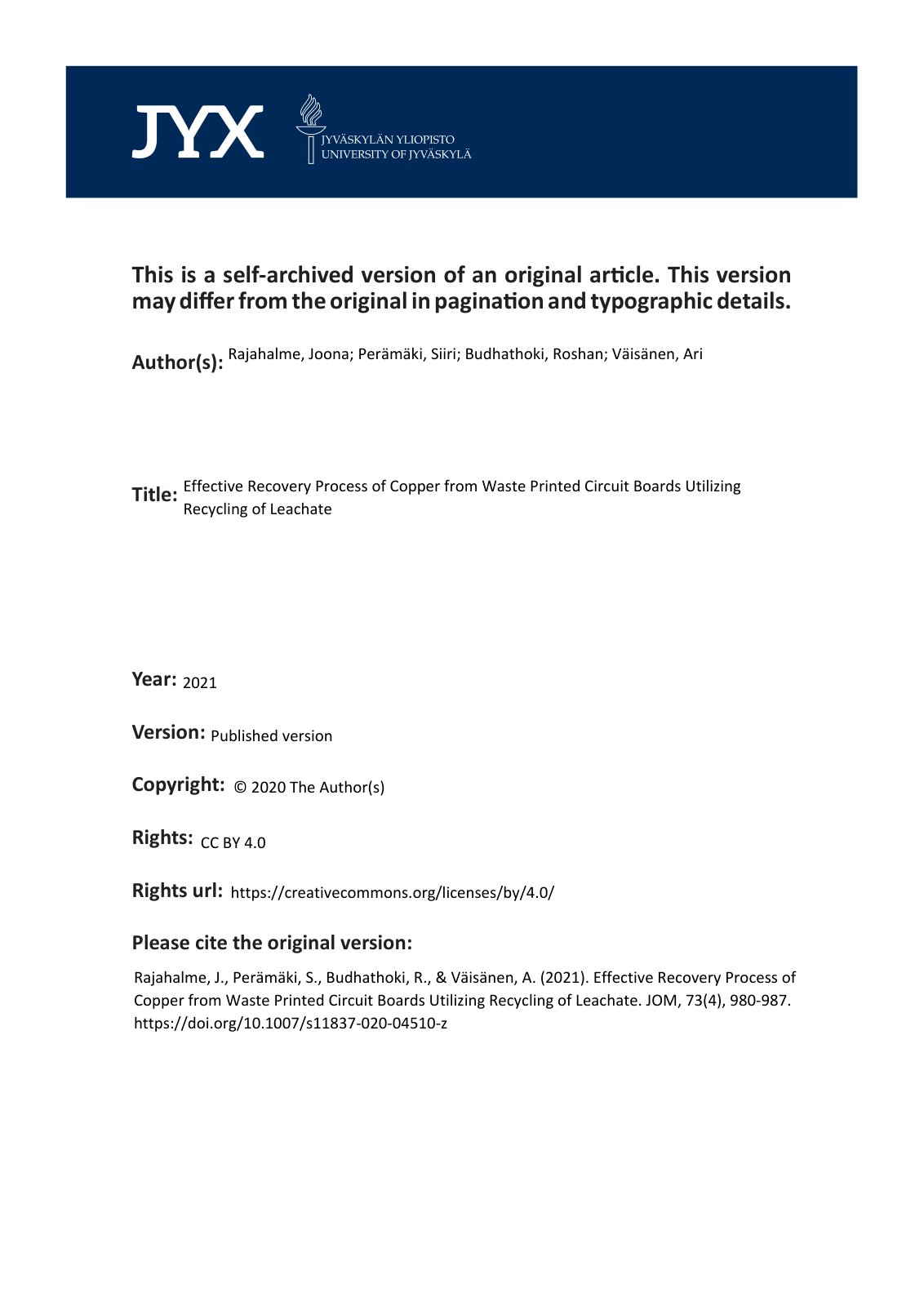 First page of Effective Recovery Process of Copper fro