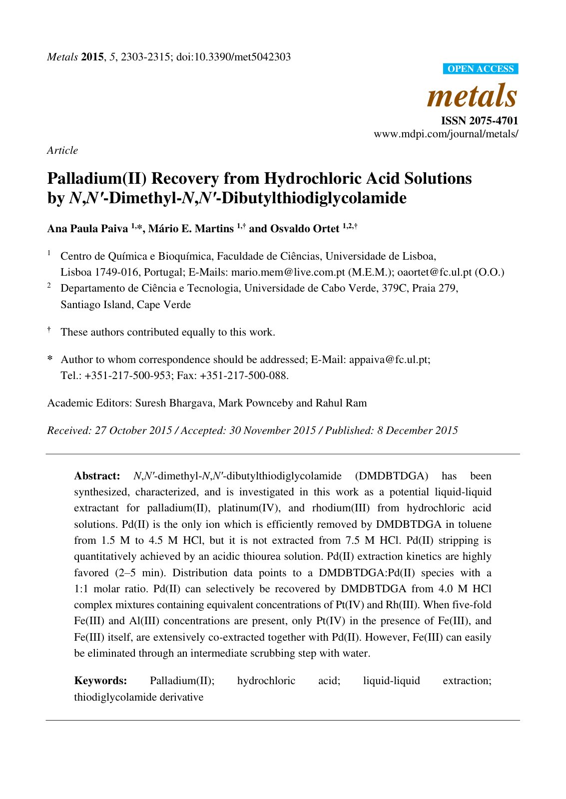 First page of Palladium(II) Recovery from Hydrochloric Acid Solutions by N,N′-Dimethyl-N,N′-Dibutylthiodiglycolamide