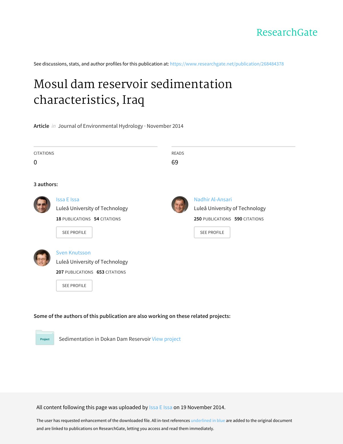 First page of Mosul Dam Reservoir Sedimentation Charac