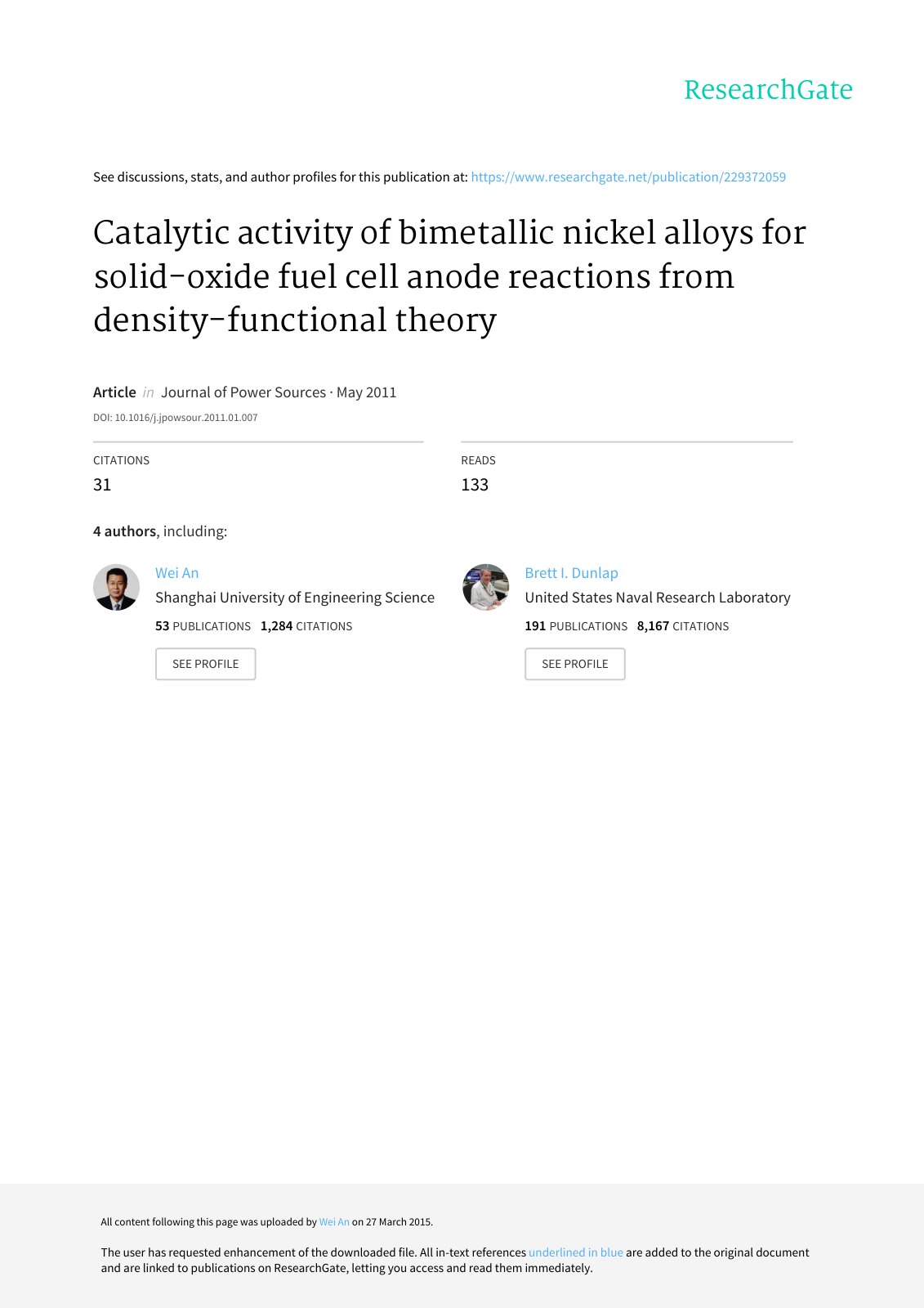 First page of Catalytic activity of bimetallic nickel alloys for solid-oxide fuel cell anode reactions from density-functional theory