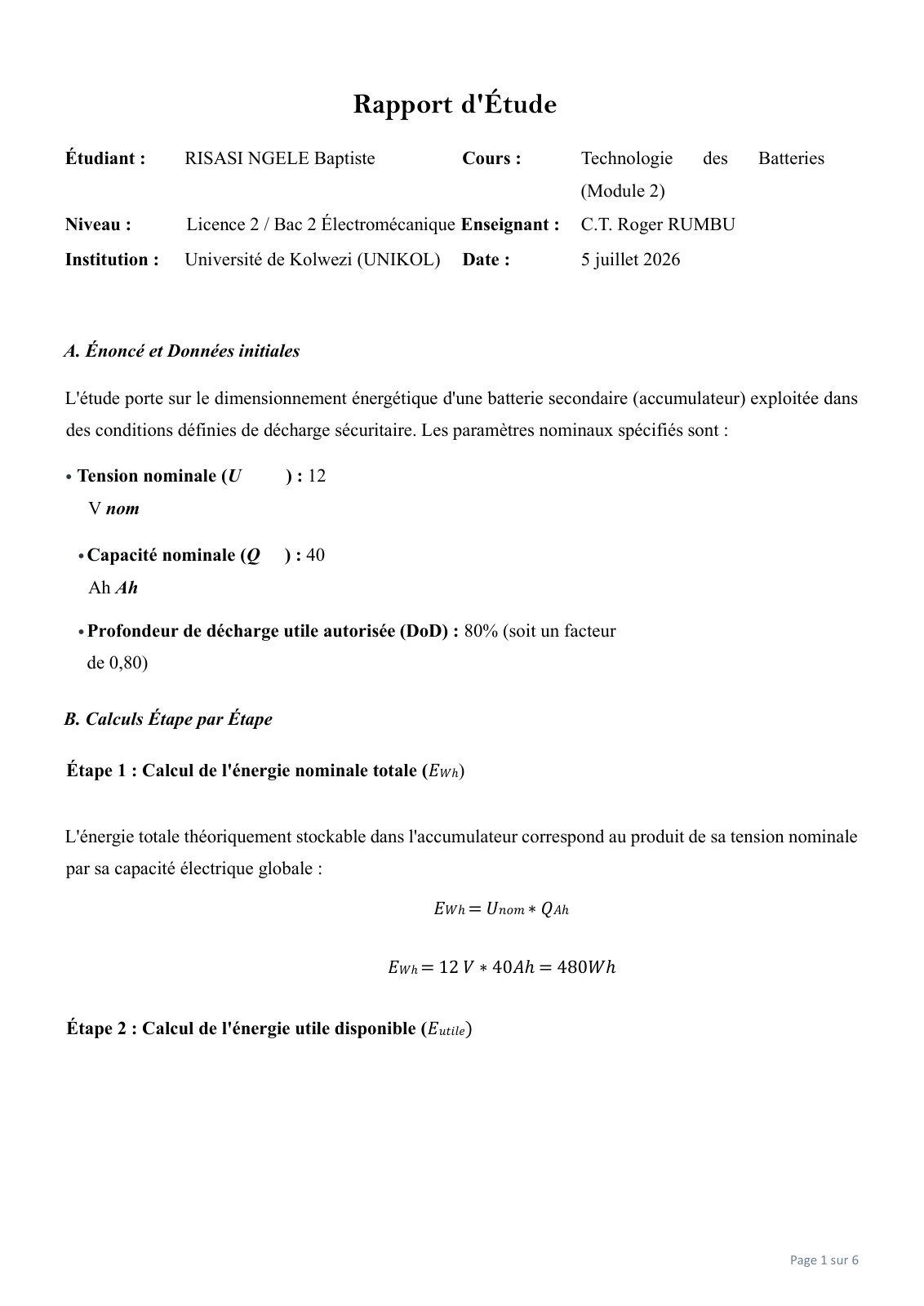 First page of TP DE TECH DE BATTERIE MODULE 2 FINI