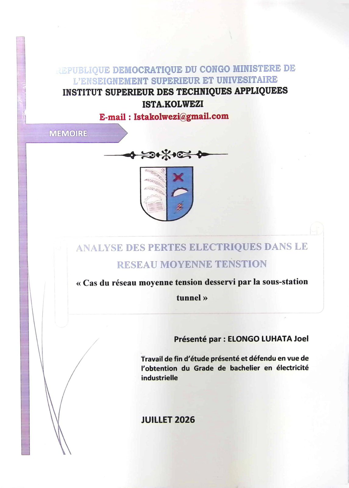 First page of ANALYSE DES PERTES ELECTRIQUES DANS JLE RESEAU MOYENNE TENS'fTION « Cas du reseau moyenne tension desservi par la sous-station tunnel»