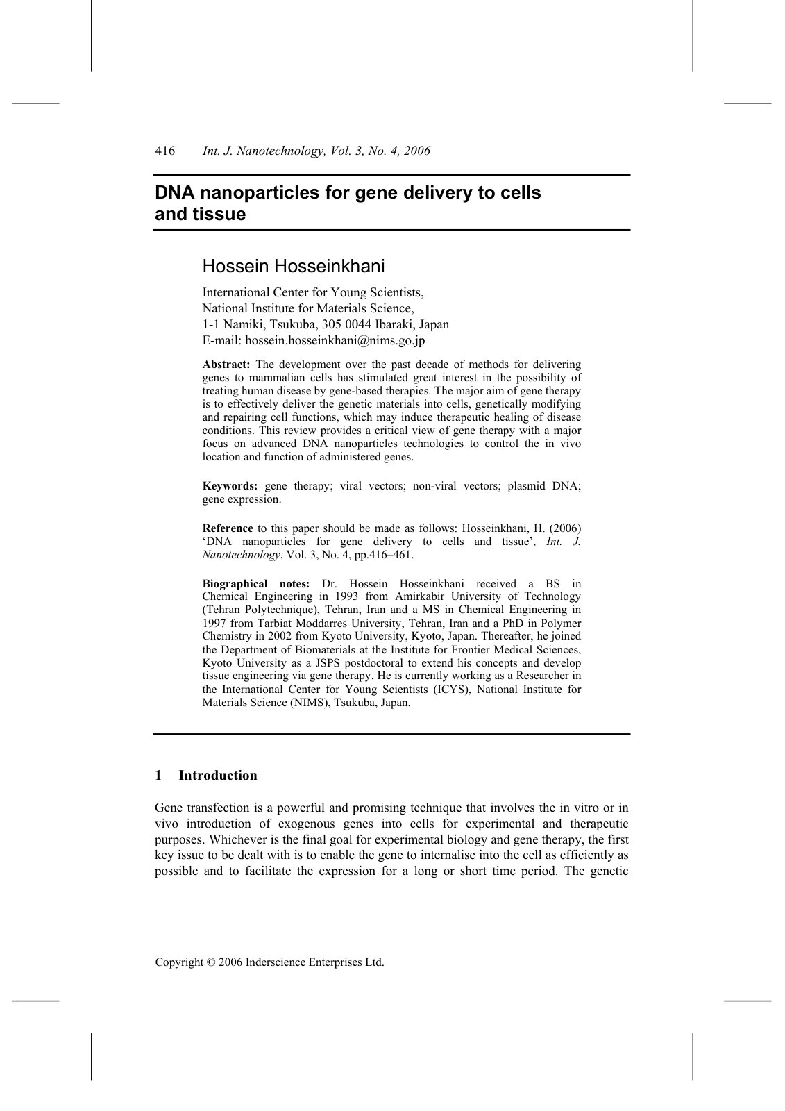 First page of DNA nanoparticles for gene delivery to c