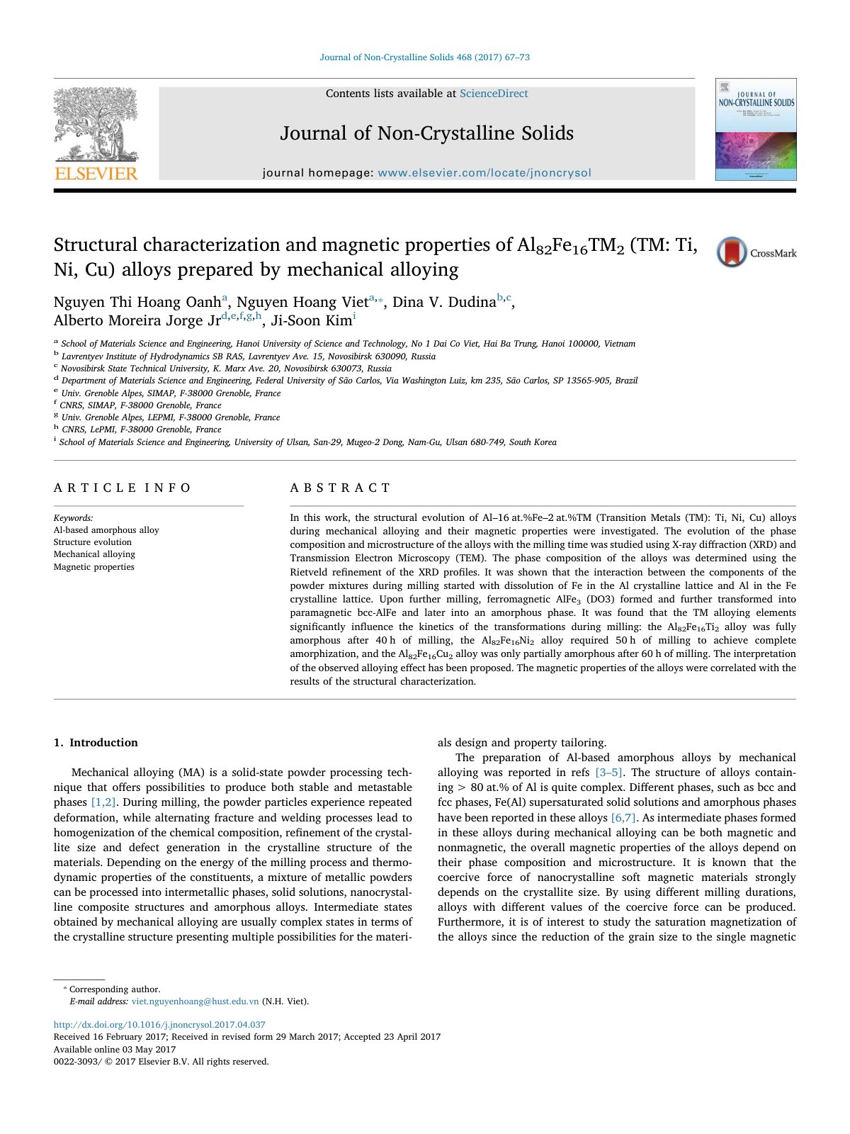 First page of Structural characterization and magnetic properties of Al82Fe16TM2 (TM: Ti, Ni, Cu) alloys prepared by mechanical alloying