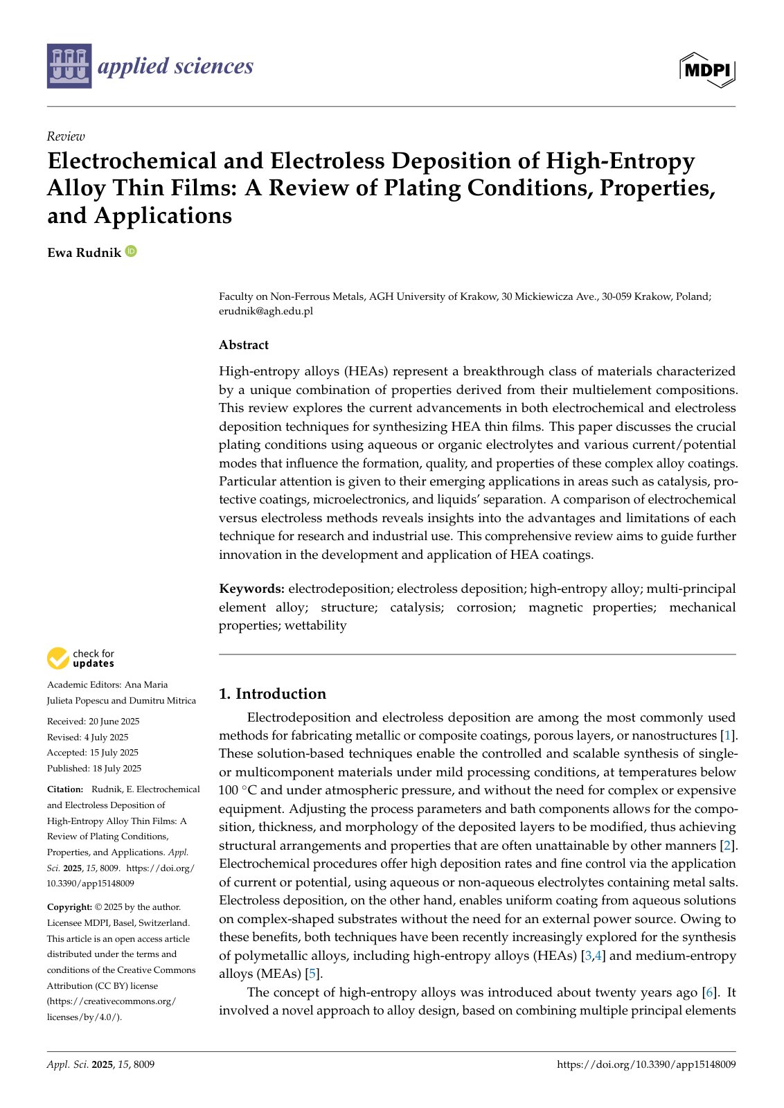 First page of Electrochemical and Electroless Deposition of High-Entropy Alloy Thin Films: A Review of Plating Conditions, Properties, and Applications