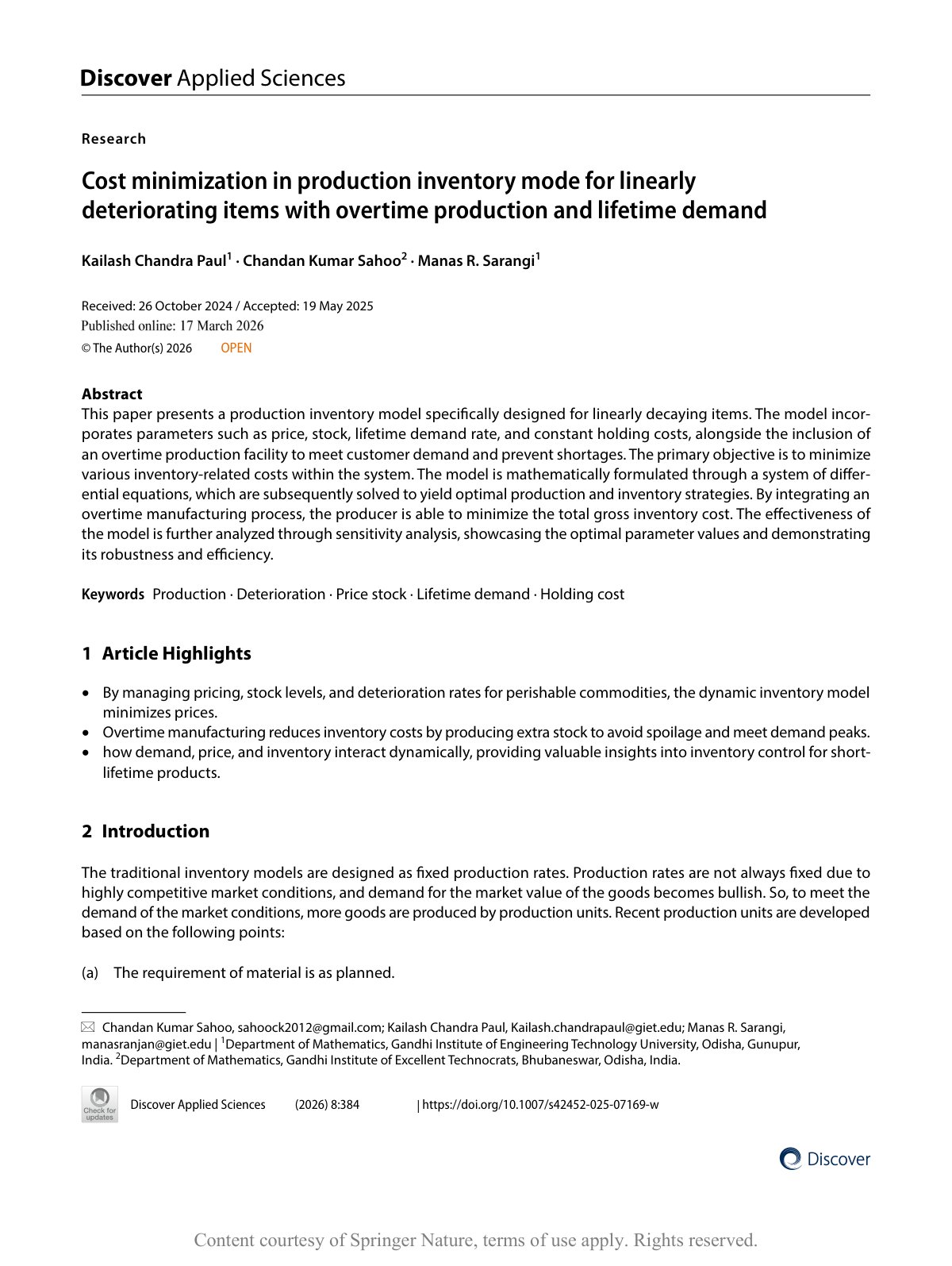 First page of Cost minimization in production inventory mode for