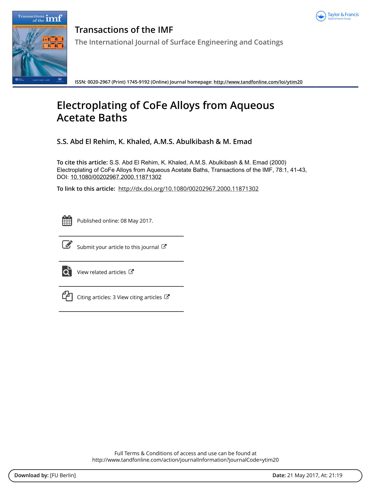 First page of Electroplating of CoFe Alloys from Aqueo