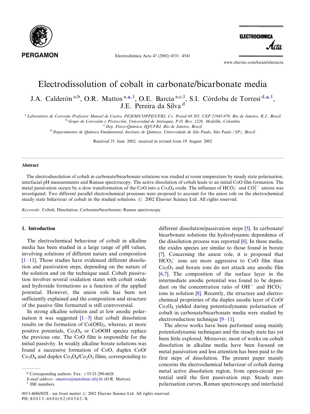 First page of Electrodissolution of cobalt in carbonate/bicarbonate media