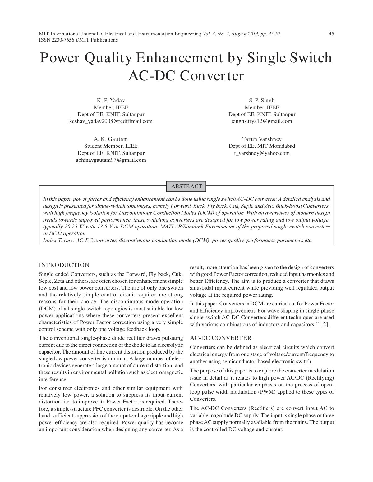 First page of Power Quality Enhancement by Single Switch AC-DC Converter