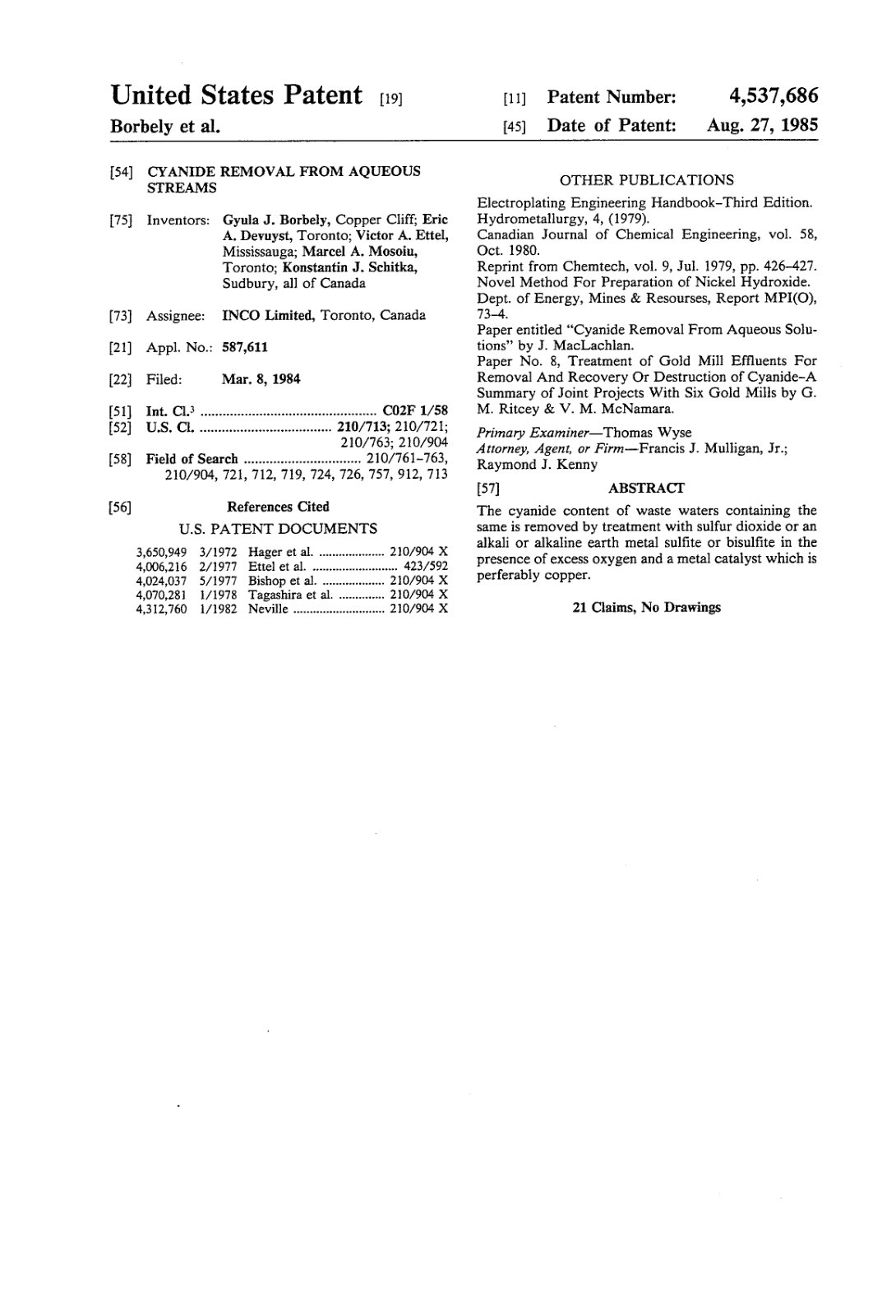 First page of Cyanide removal from aqueous streams