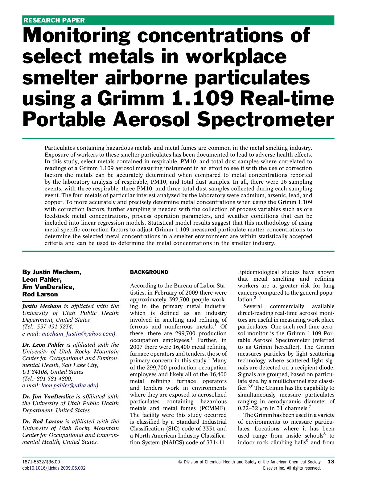 First page of Monitoring concentrations of select metals in workplace smelter airborne particulates using a Grimm 1.109 Real-time Portable Aerosol Spectrometer