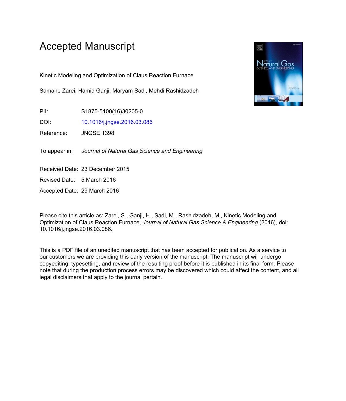 First page of Kinetic Modeling and Optimization of Claus Reaction Furnace