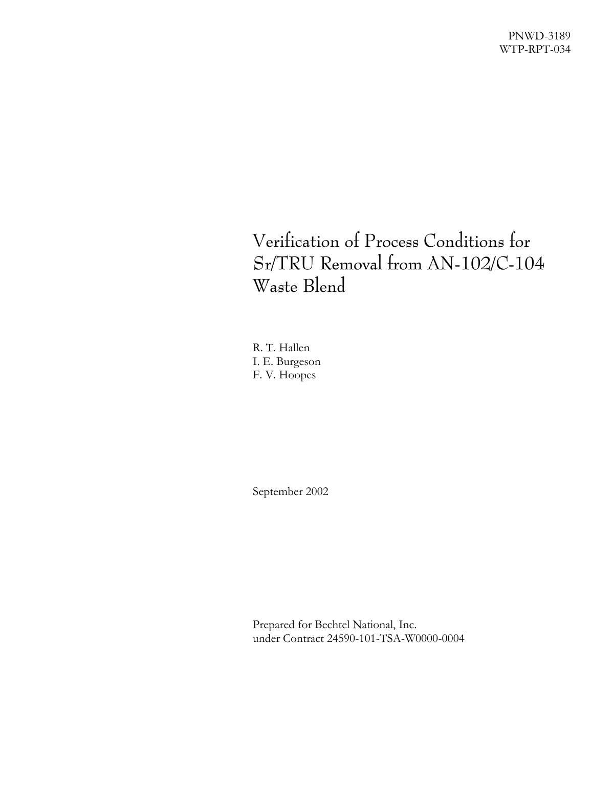 First page of Verification of Process Conditions for Sr/TRU Removal from AN-102/C-104 Waste Blend