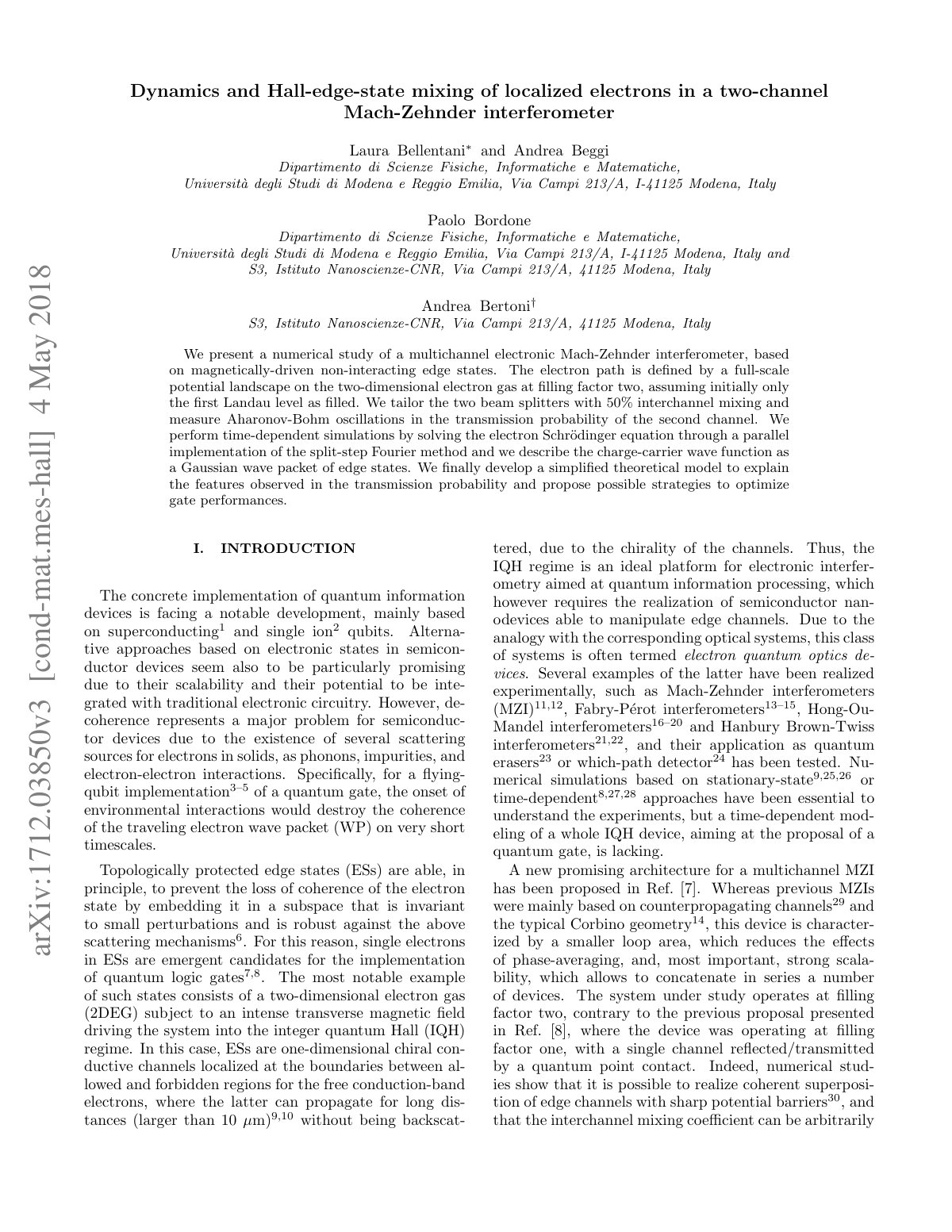 First page of Dynamics and Hall-edge-state mixing of localized electrons in a two-channel Mach-Zehnder interferometer