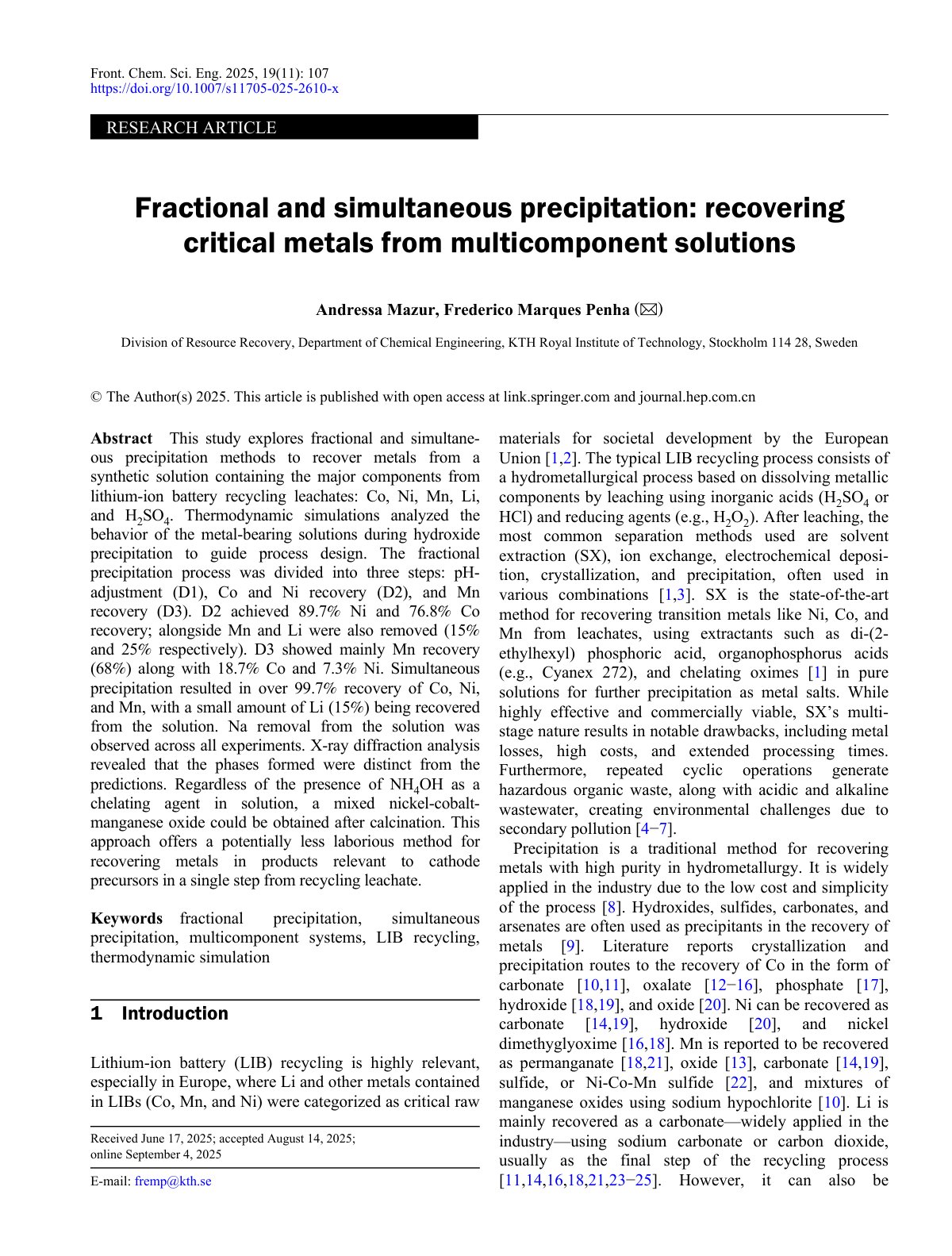 First page of Fractional and simultaneous precipitation: recovering critical metals from multicomponent solutions