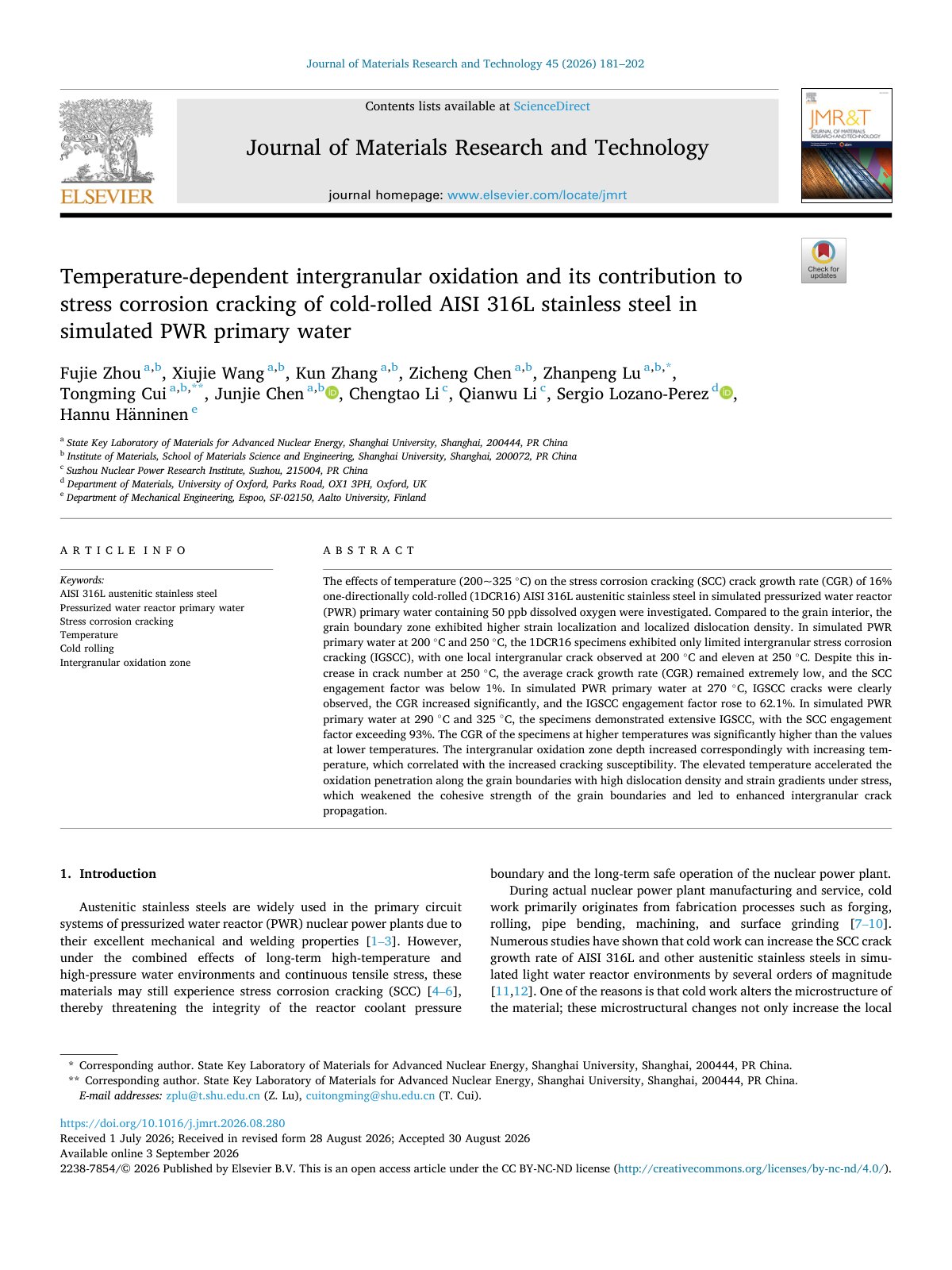 First page of Temperature-dependent intergranular oxidation and its contribution to stress corrosion cracking of cold-rolled AISI 316L stainless steel in simulated PWR primary water