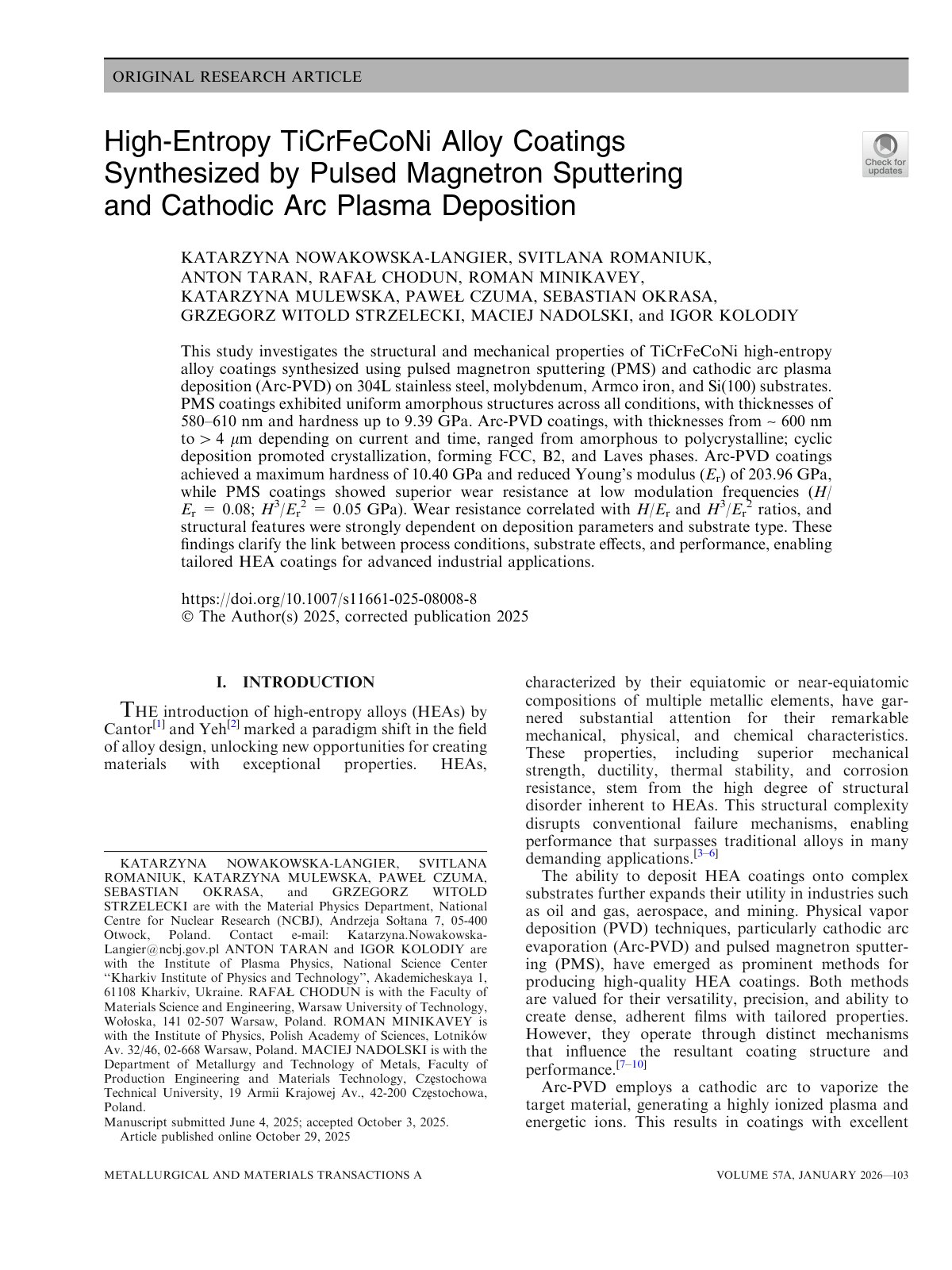 First page of 2026 Nowakowska TiCrFeCoNi HEA Coatings