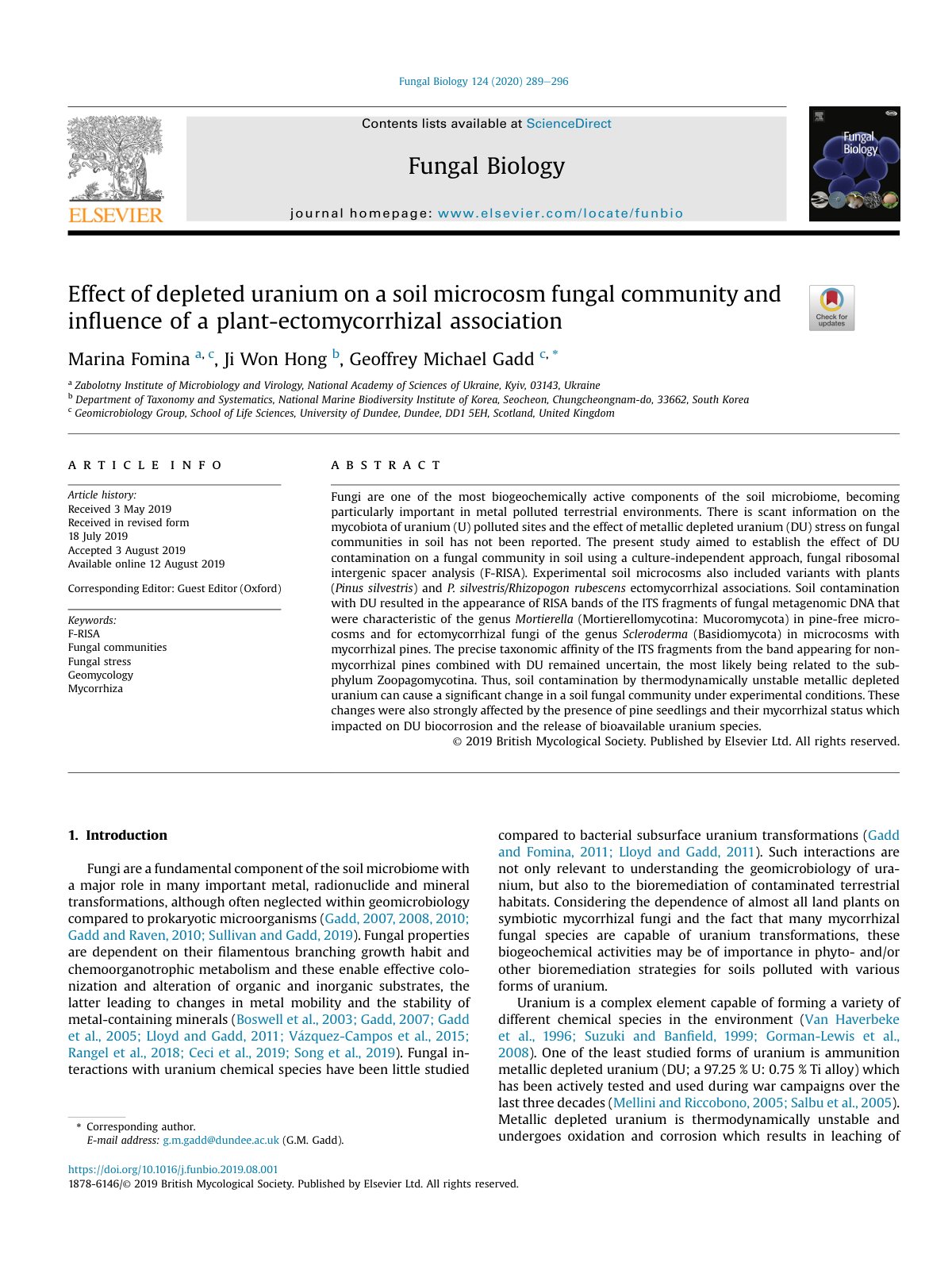 First page of Effect of depleted uranium on a soil microcosm fungal community and influence of a plant-ectomycorrhizal association