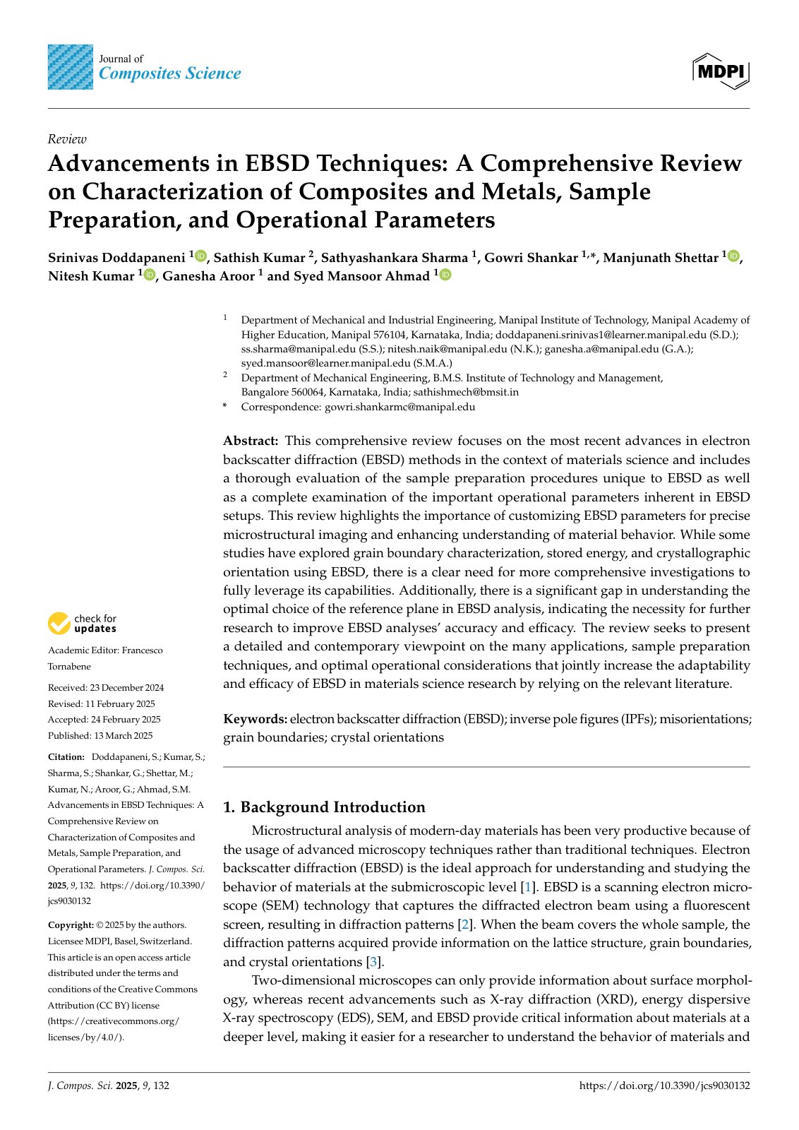First page of Advancements in EBSD Techniques: A Comprehensive Review on Characterization of Composites and Metals, Sample Preparation, and Operational Parameters