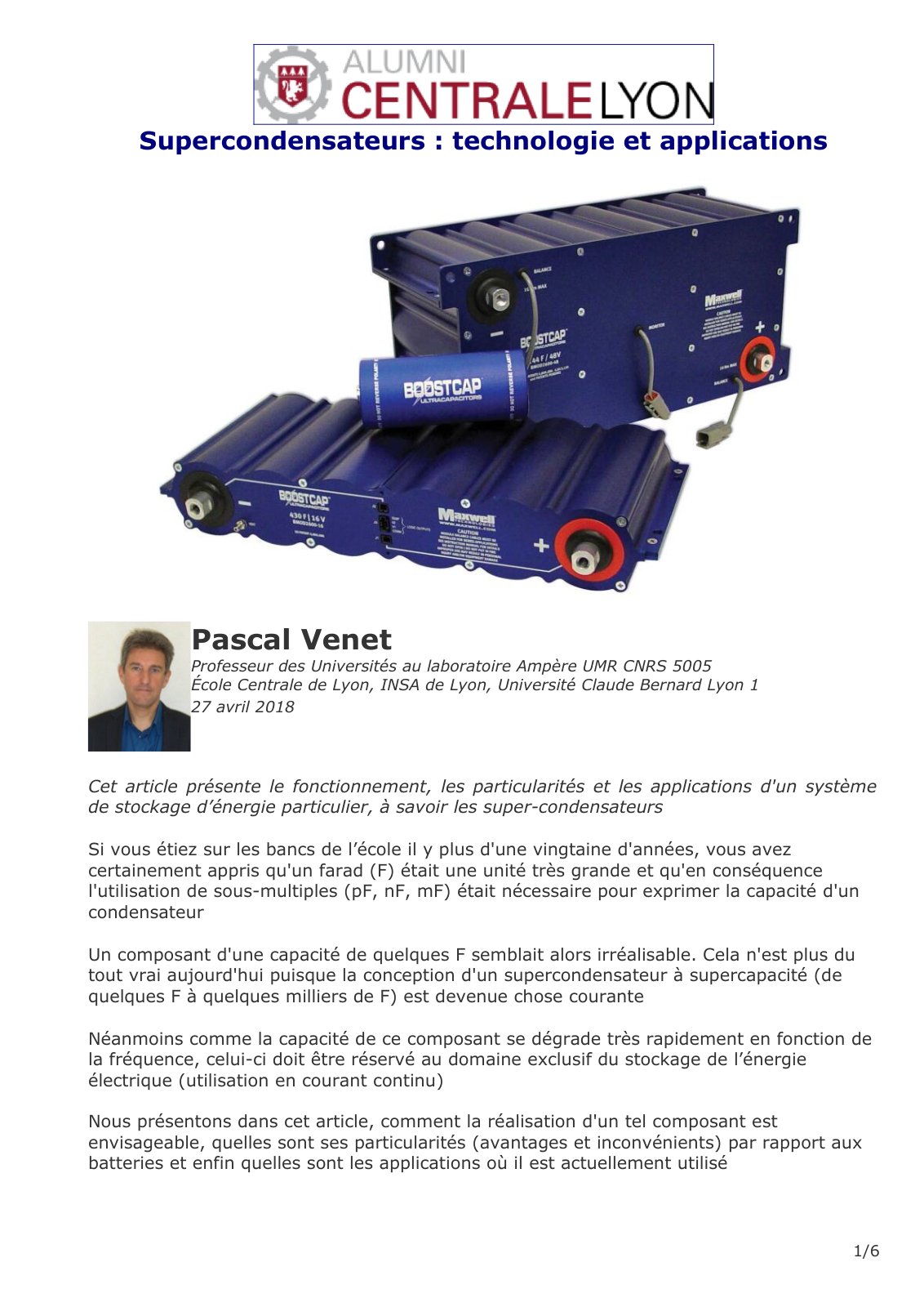 First page of Supercondensateurs : technologie et applications