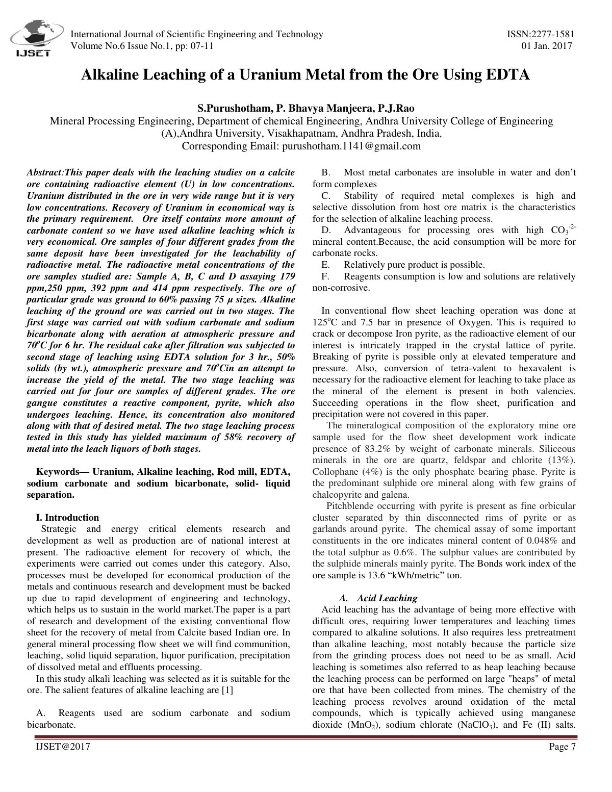 First page of Alkaline Leaching of a Uranium Metal fro