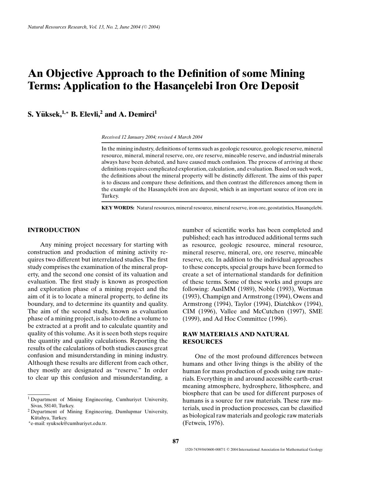 First page of An Objective Approach to the Deﬁnition of some Mining Terms: Application to the Hasanc ¸ elebi Iron Ore Deposit
