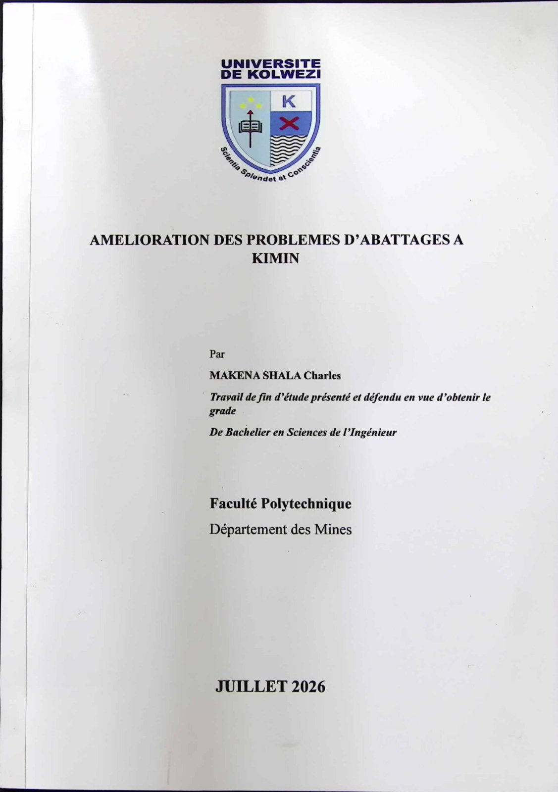 First page of AMELIORATION DES PROBLEMES D’ABATTAGES A KIMIN