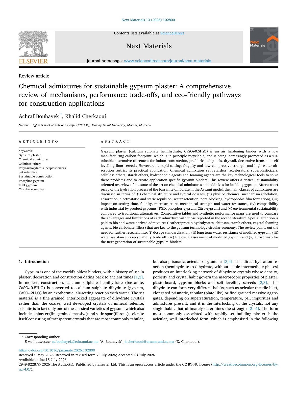 First page of Chemical admixtures for sustainable gypsum plaster  A comprehensi 2026 Next 