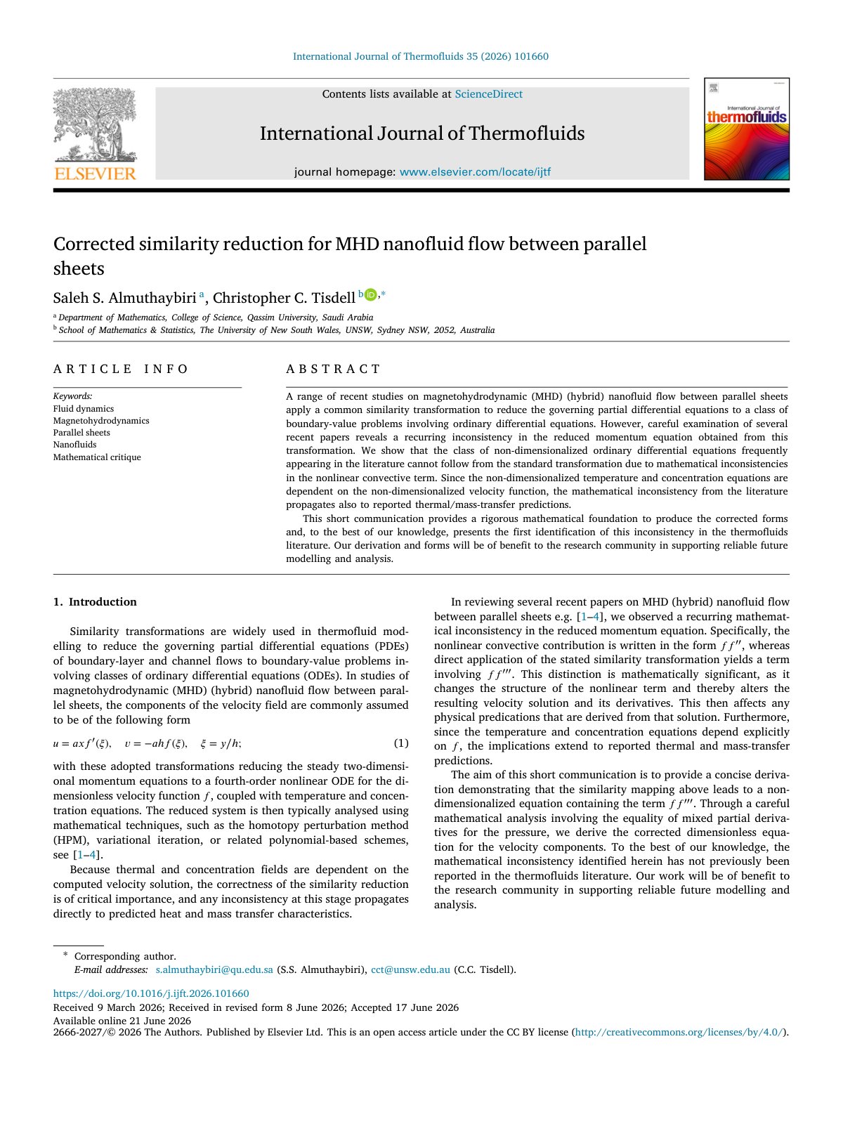 First page of Corrected similarity reduction for MHD nanofluid flow between parallel sheets