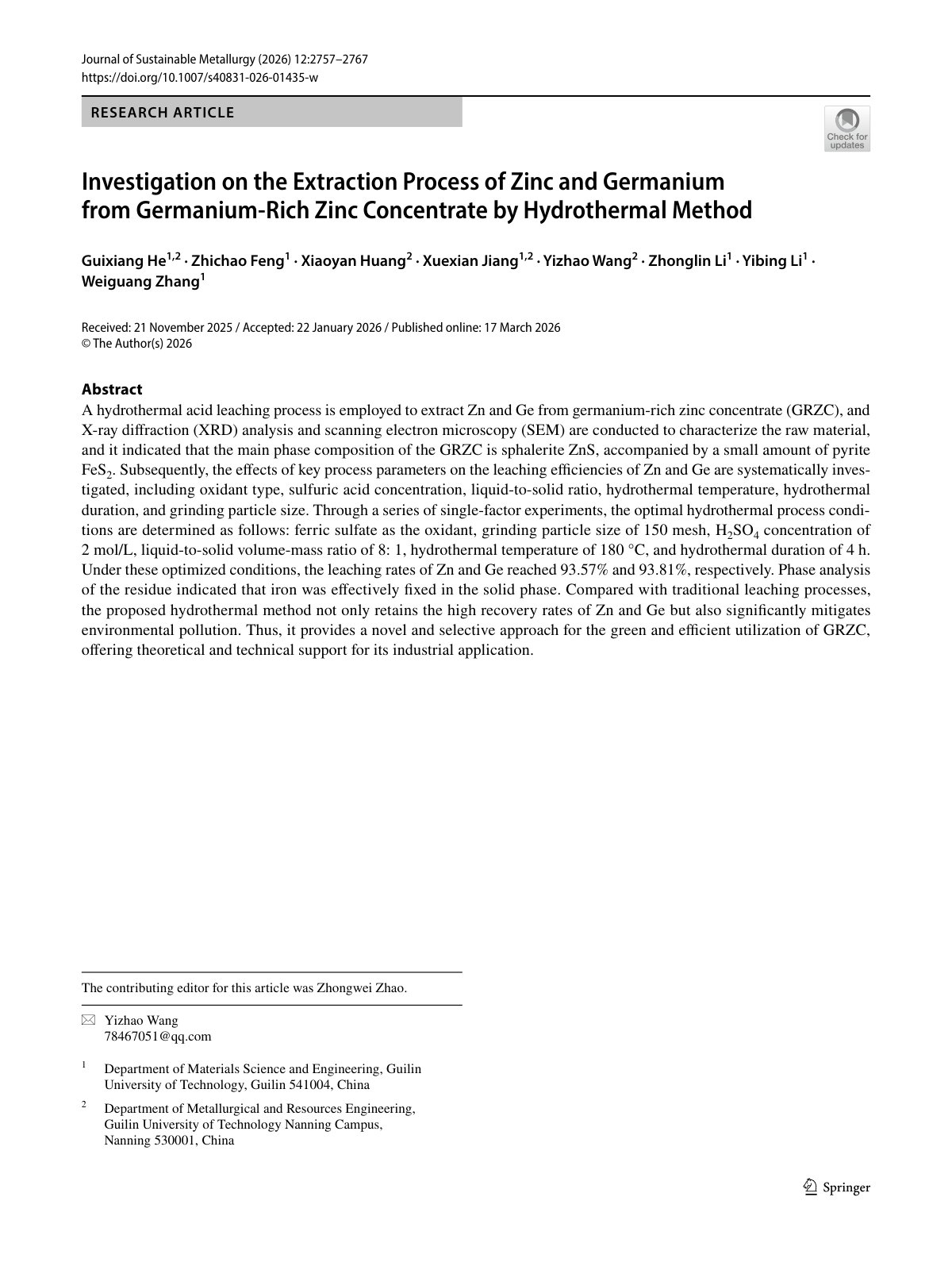 First page of 2026   He   Hydrothermal zinc and germanium extraction