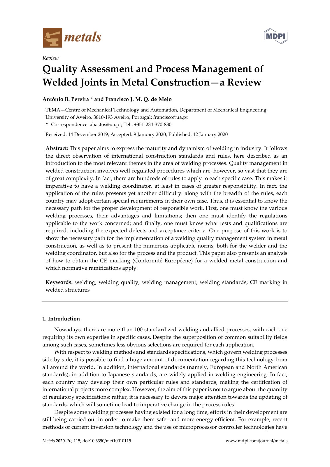 First page of Quality Assessment and Process Management of Welded Joints in Metal Construction—a Review