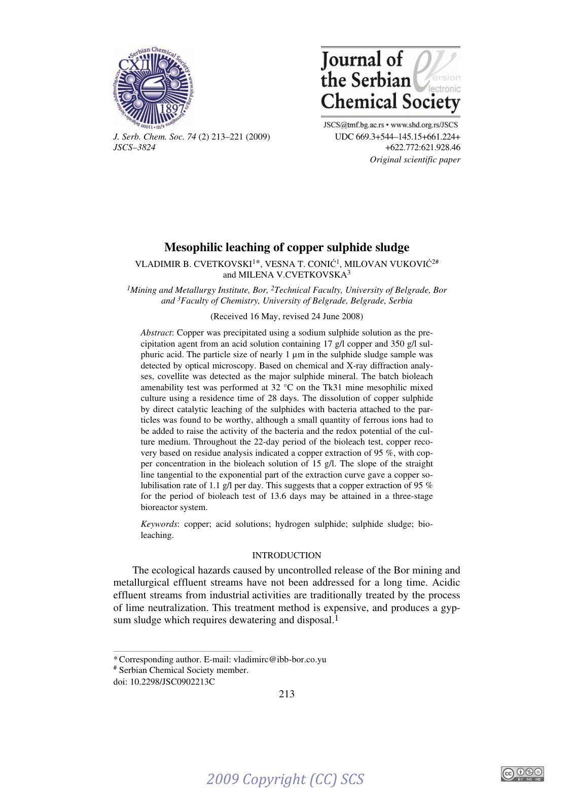 First page of Mesophilic leaching of copper sulphide sludge
