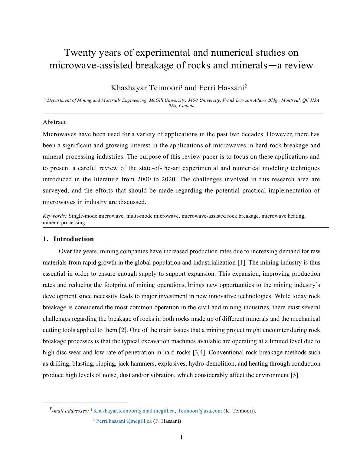 First page of Twenty years of experimental and numerical studies on microwave-assisted breakage of rocks and minerals —a review