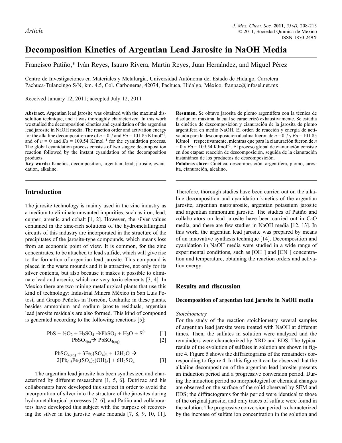 First page of Decomposition Kinetics of Argentian Lead Jarosite in NaOH Media