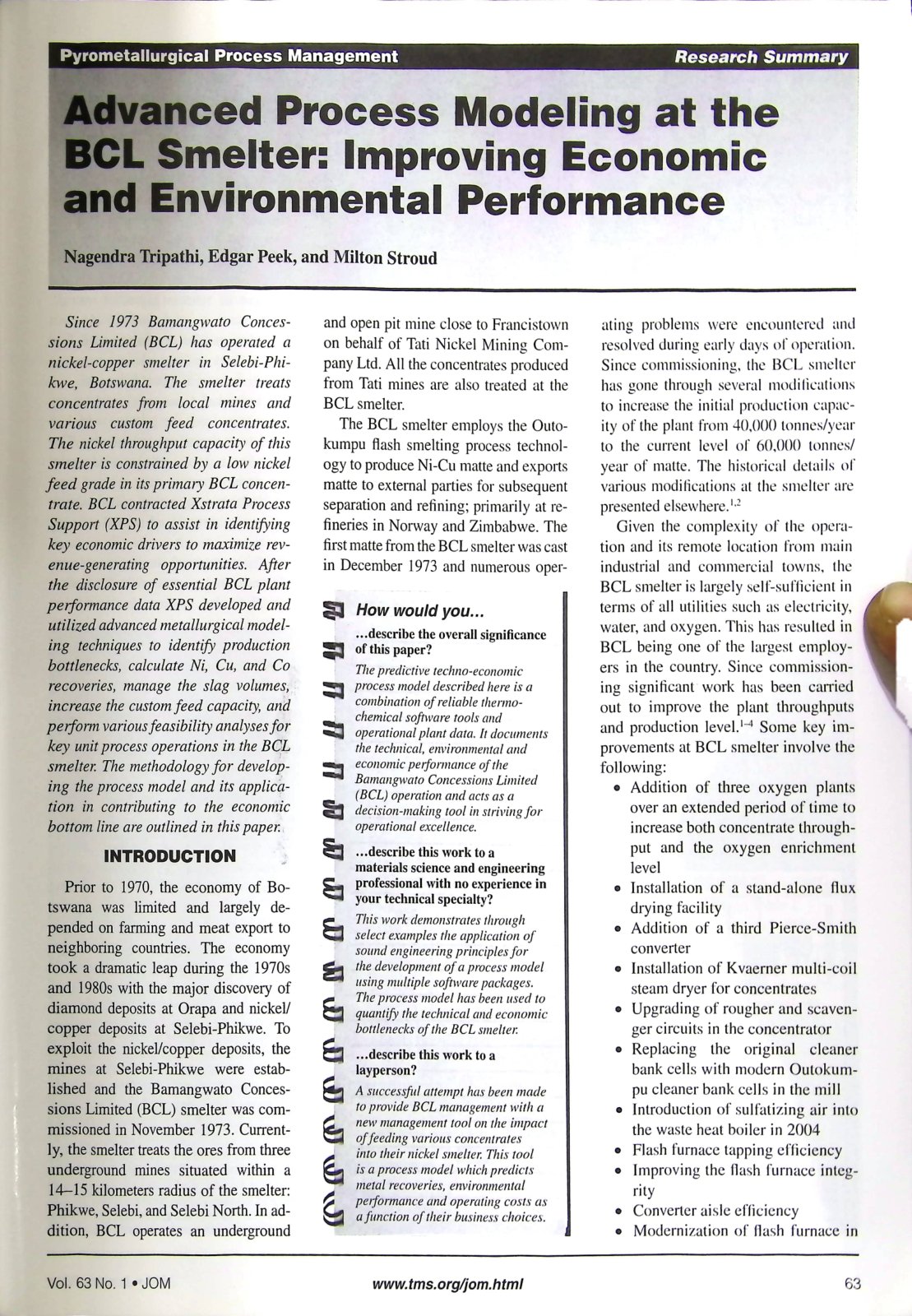 First page of Advanced Process Modeling at the BCL Smelter: Improving Economic and Environmental Performance