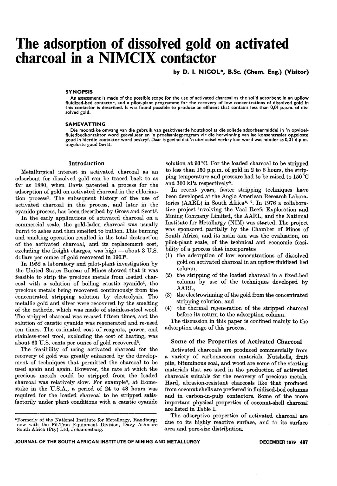First page of The adsorption of dissolved gold on activated charcoal in a NIMCIX contactor