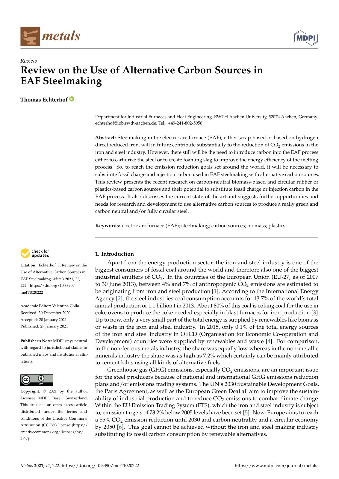 First page of Review on the Use of Alternative Carbon Sources in EAF Steelmaking