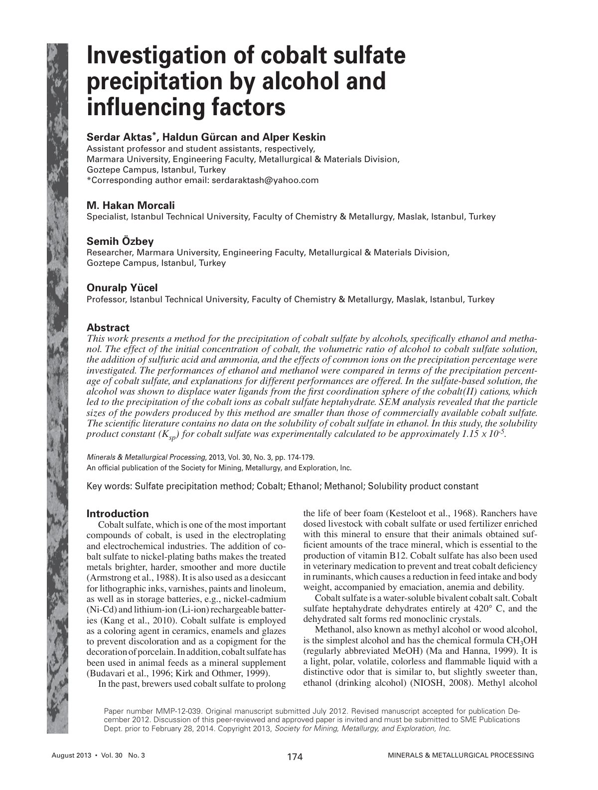 First page of Investigation of cobalt sulfate precipitation by alcohol and influencing factors