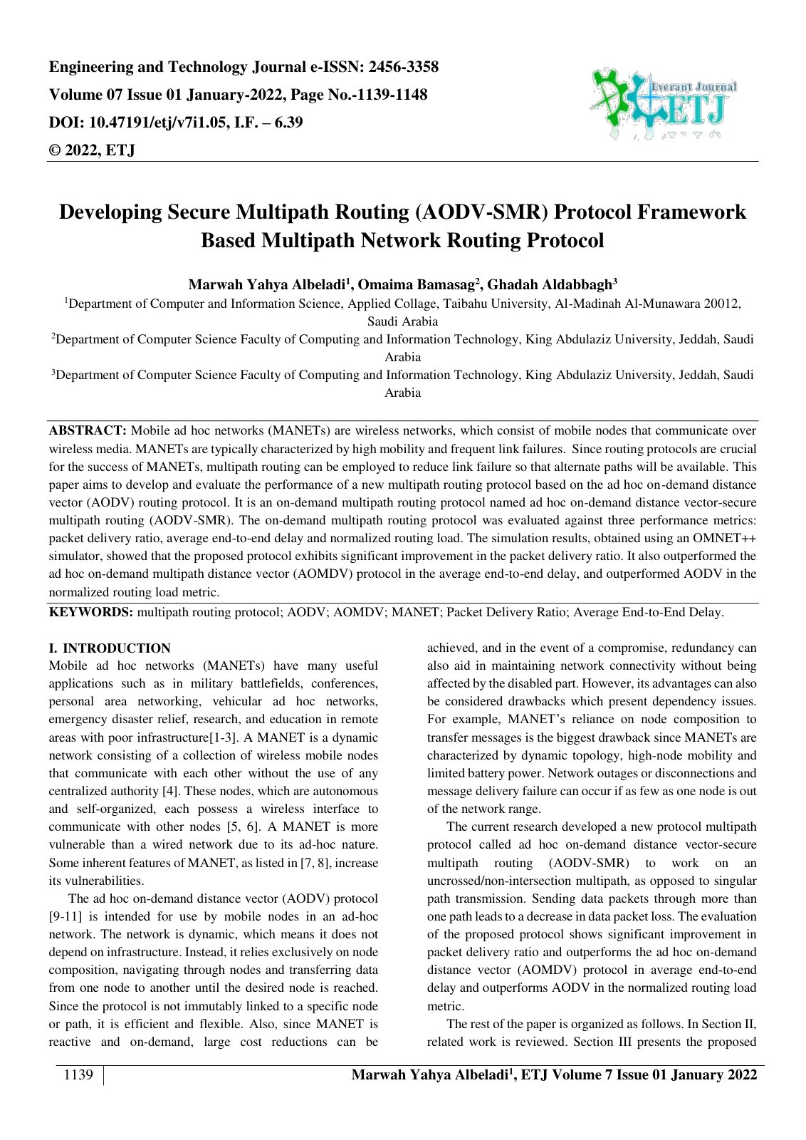 First page of Developing Secure Multipath Routing (AODV SMR) Protocol Framework 