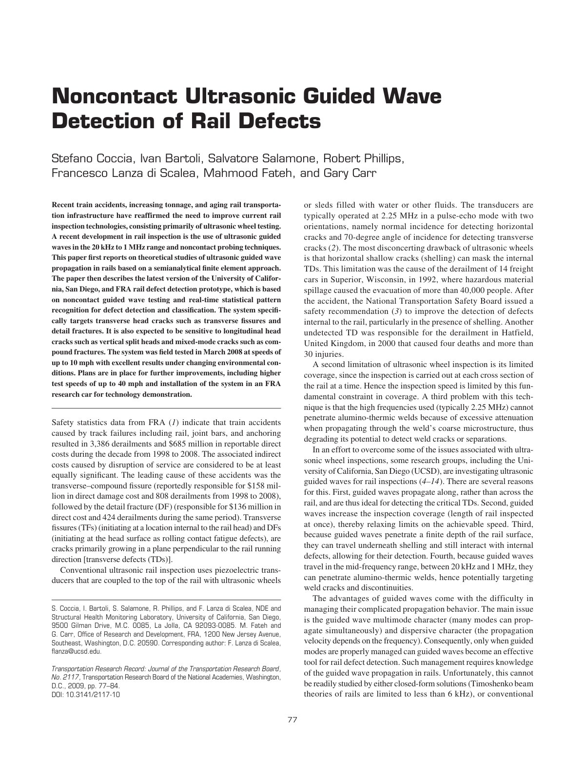 First page of Ultrasonic Guided Waves for Structural Health Monitoring and Application to Rail Inspection Prototype for the Federal Railroad Administration