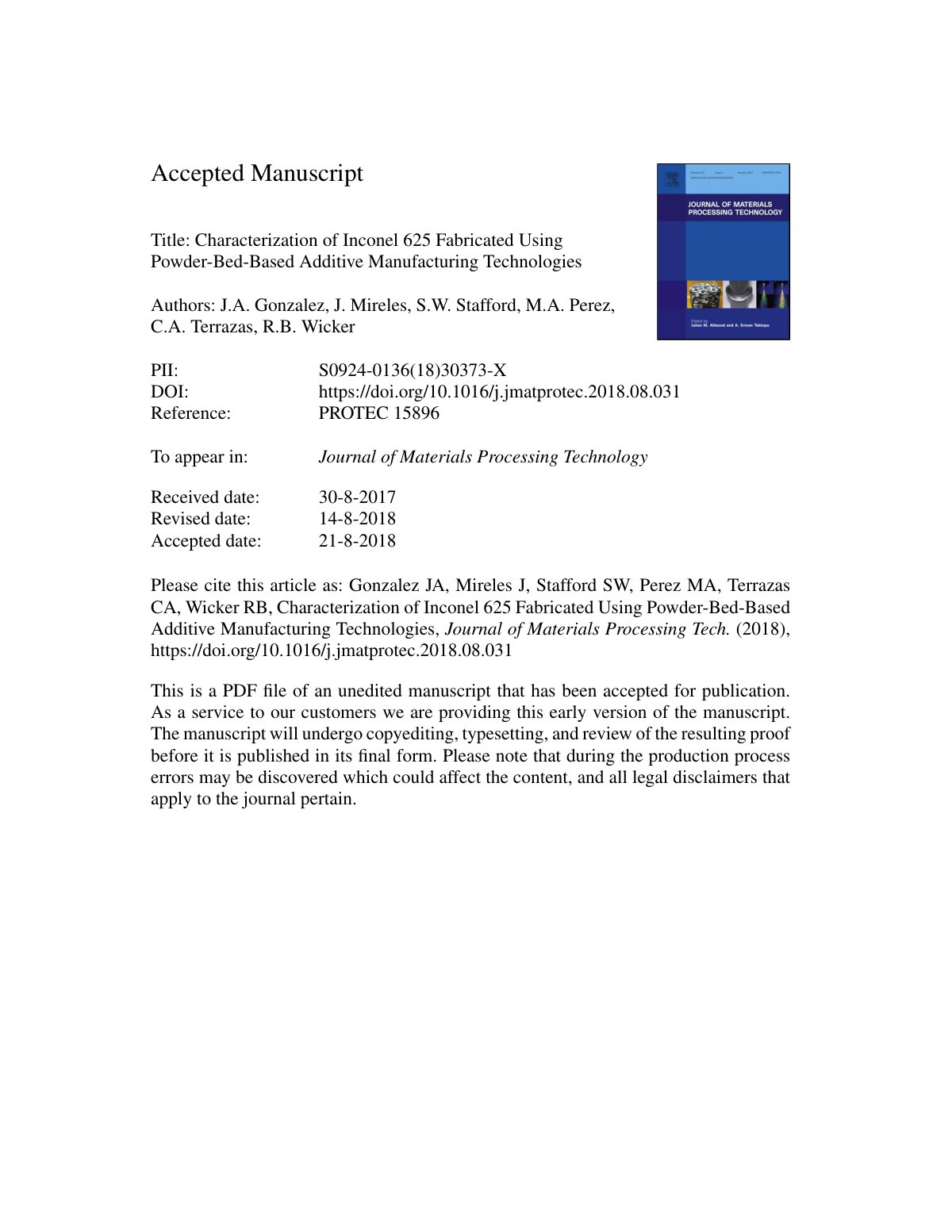 First page of Characterization of Inconel 625 Fabricated Using Powder-Bed-Based Additive Manufacturing Technologies